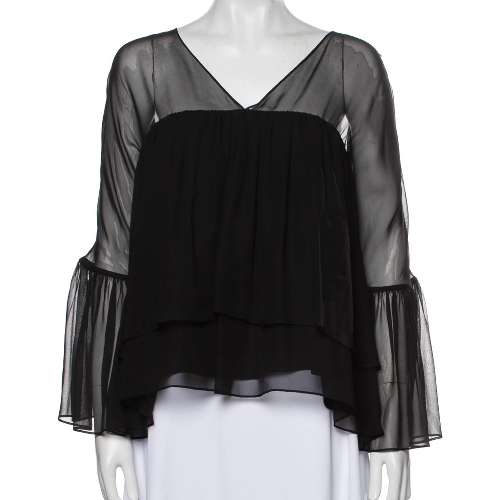 Black silk sheer ruffled blouse
